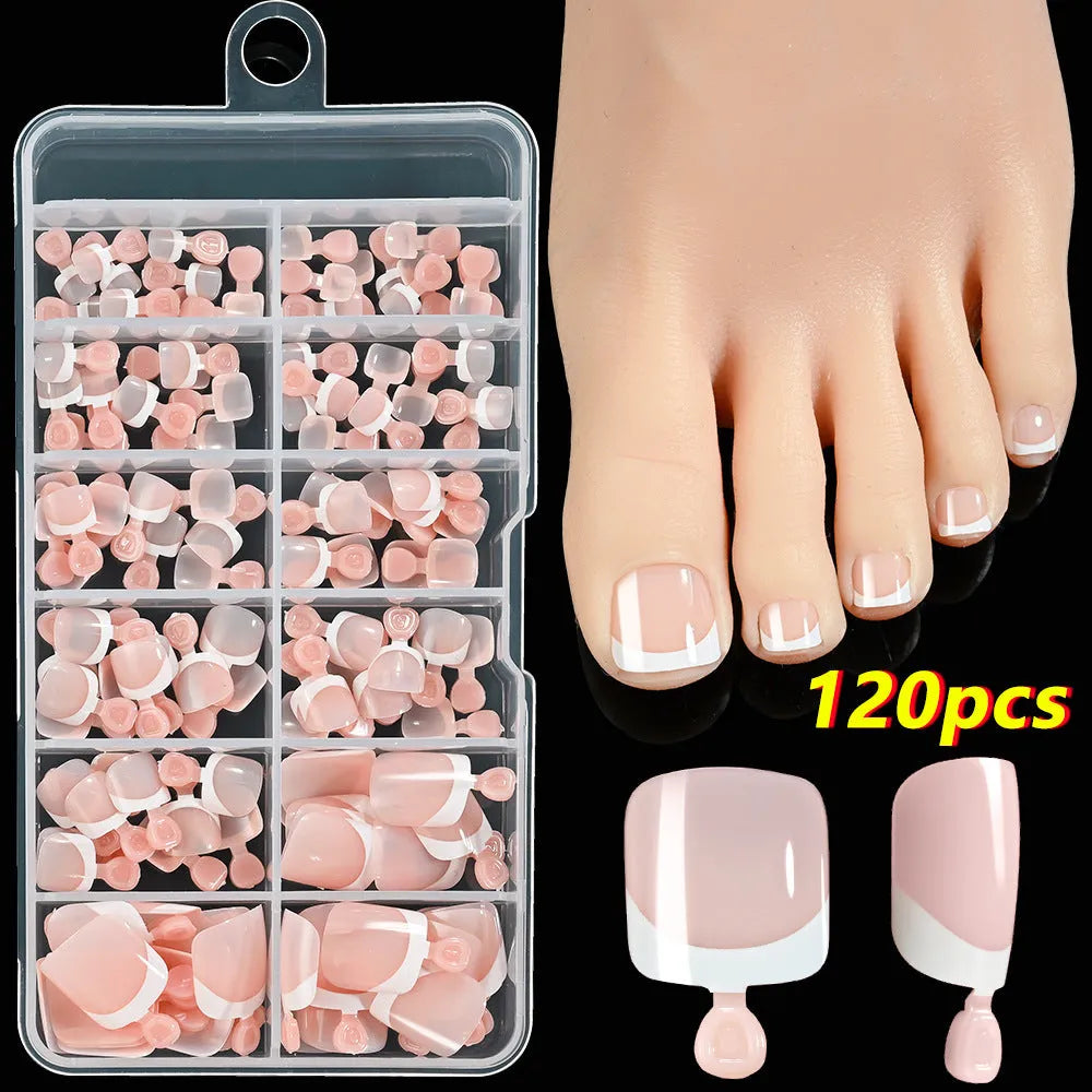 120 French white edge nude square short artificial toe nails in nine natural shades