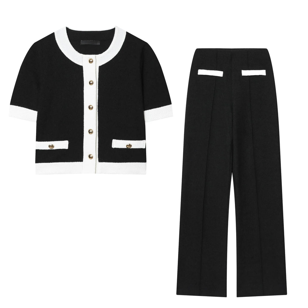 Contrast colour street fashion suit with beaded leather top and stretch high-waisted trousers in sizes S, M, L