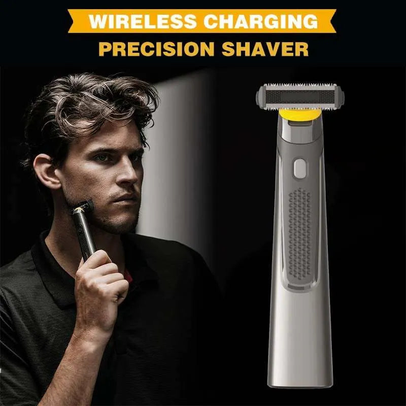 Black wireless rechargeable precision shaver with stainless steel blades, measuring 15cm long with ergonomic handle