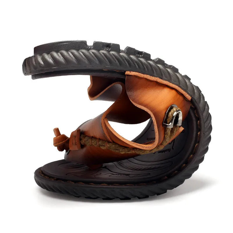 Men's dark blue herringbone pattern outdoor slippers with leather lining and rubber sole