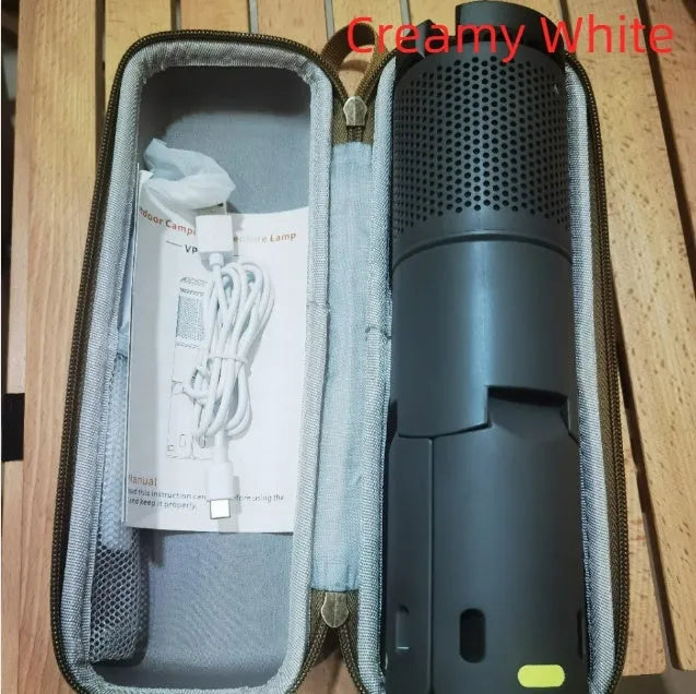 Portable LED camping light in creamy white or dark grey with 360-degree illumination and button switch