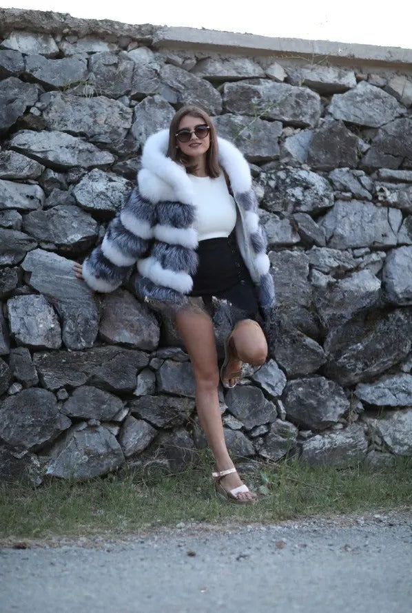 Women's artificial fur hooded coat in street fashion style, 65cm length, available in white silver fox and brown colours