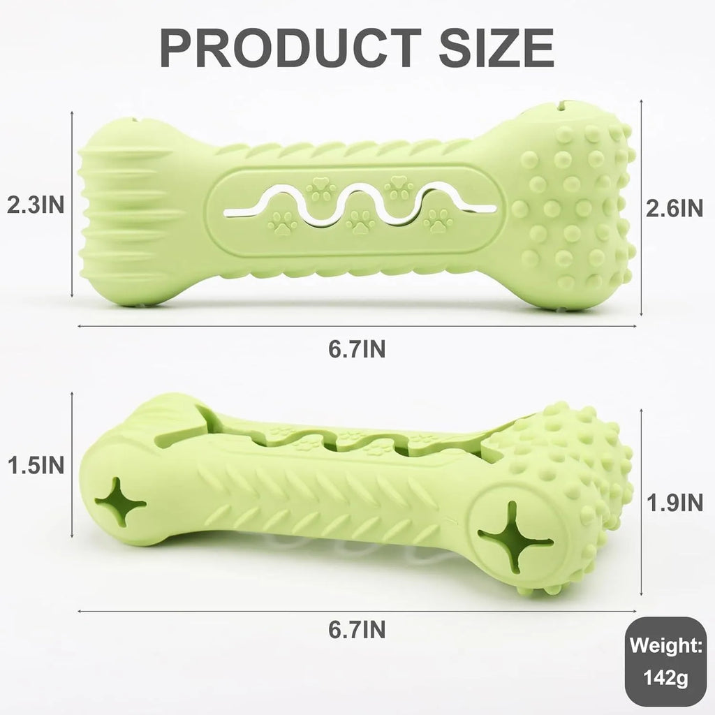 Blue bone-shaped dog chew toy made from natural rubber, showing uneven surface for teeth cleaning.