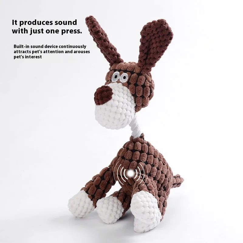 Plush puppy toy in animal designs like donkey, duck, and elephant with squeaker for teething relief