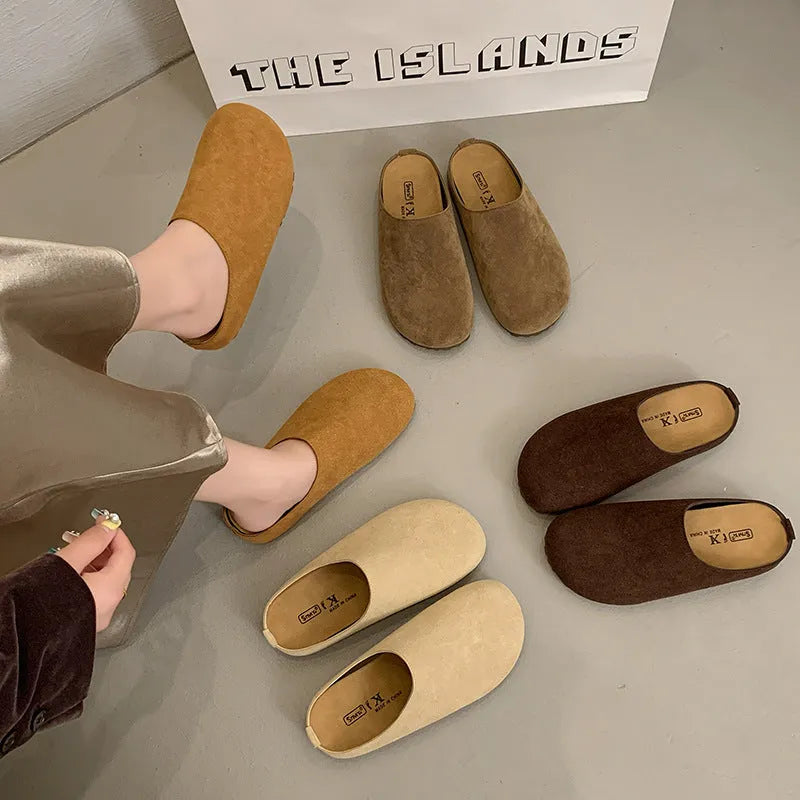 Korean style apricot coloured flat slippers with a square toe and slip-on design