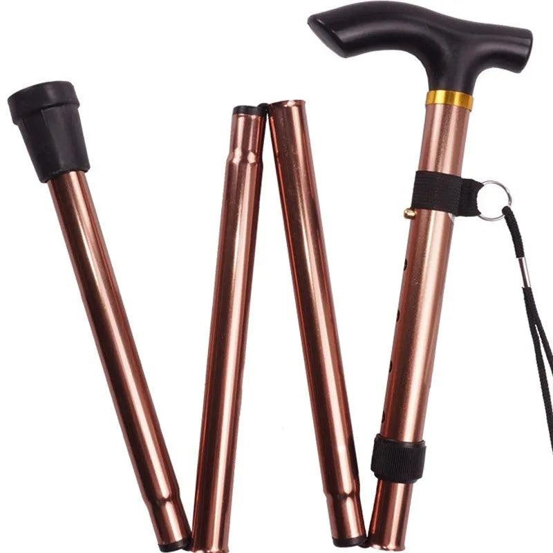 Aluminium alloy folding cane extended to 95cm with non-slip rubber tip, showing adjustable sections and folding mechanism