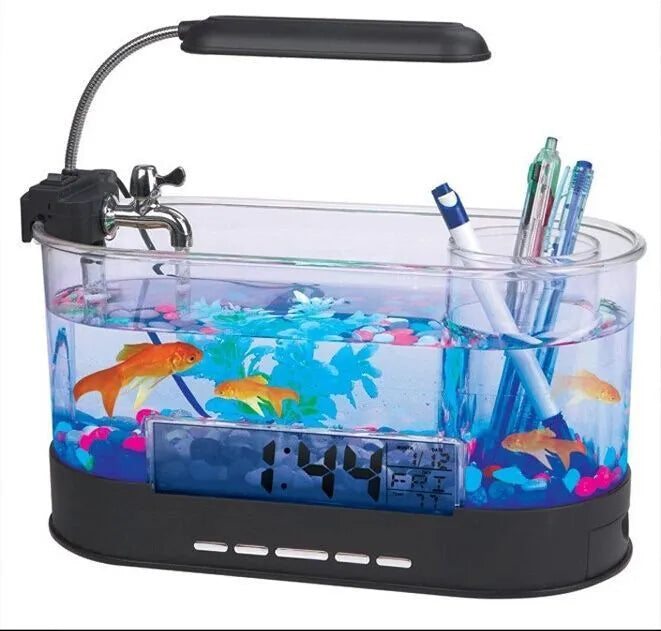 Black USB desktop mini aquarium pen holder with transparent tank and time, date, week, temperature display