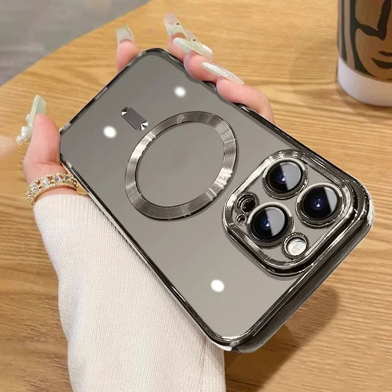 MagSafe magnetic soft TPU phone case for iPhone 16 and 17 in black, silver and gold with electroplated finish