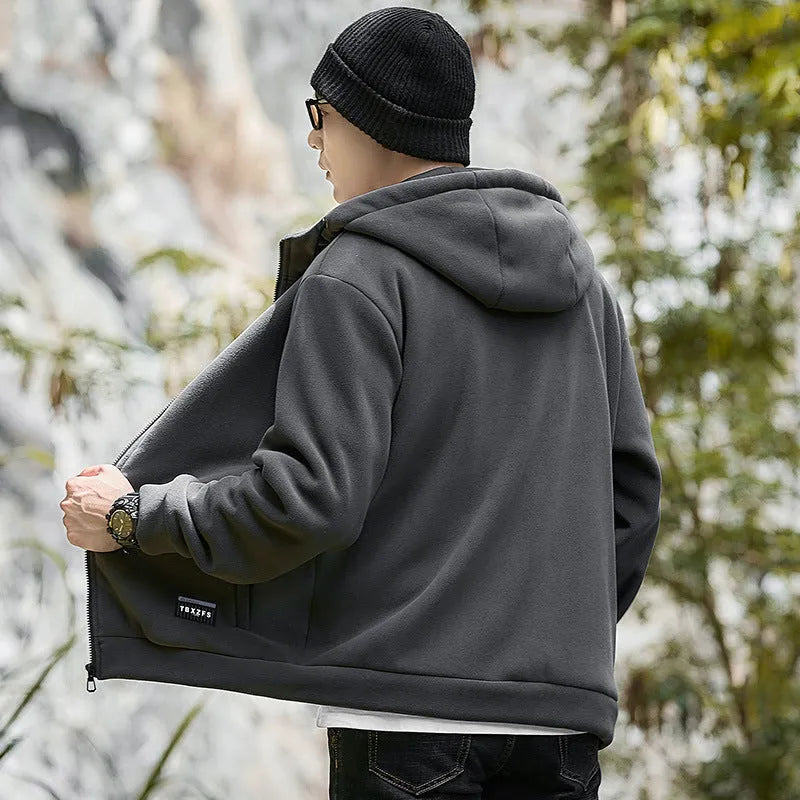 Men's hooded jacket in camel, black, or gray, loose fit with wool liner and long sleeves, sizes M-8XL