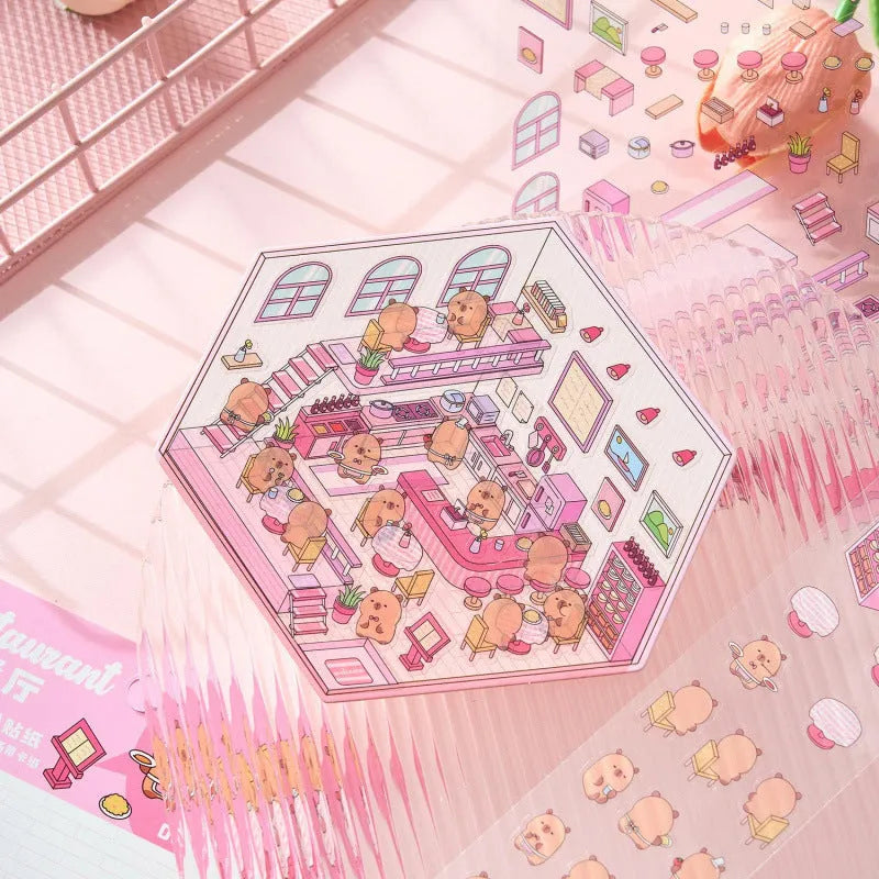 Capabala cartoon stickers showing eight 190x125mm themes: bakery yellow, bookstore green, flower shop pink designs