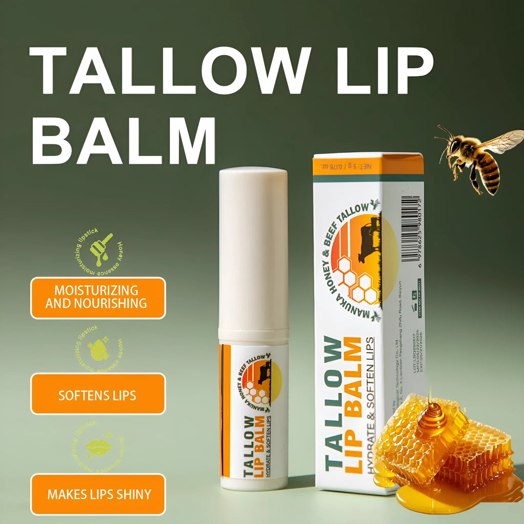 Tallow lip balm stick measuring 83mm long with 19mm square profile and 5g weight