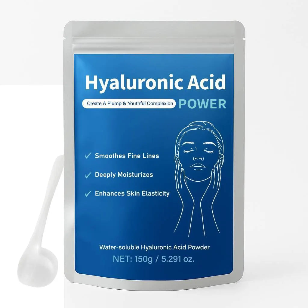 Container of pure hyaluronic acid powder, 150 grams, for DIY skincare formulation.
