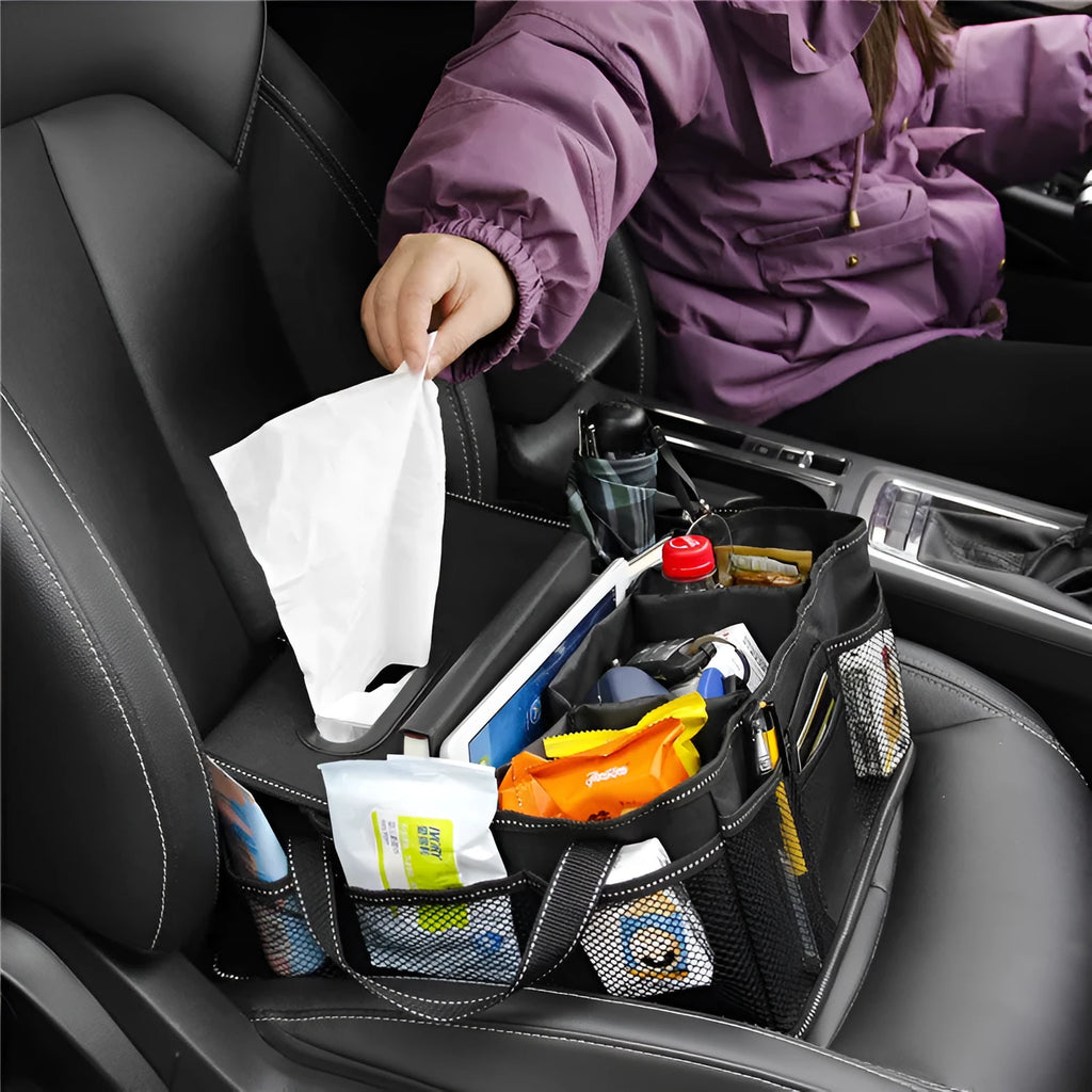 Black Oxford cloth car storage box with 33cm square dimensions for vehicle boot organisation