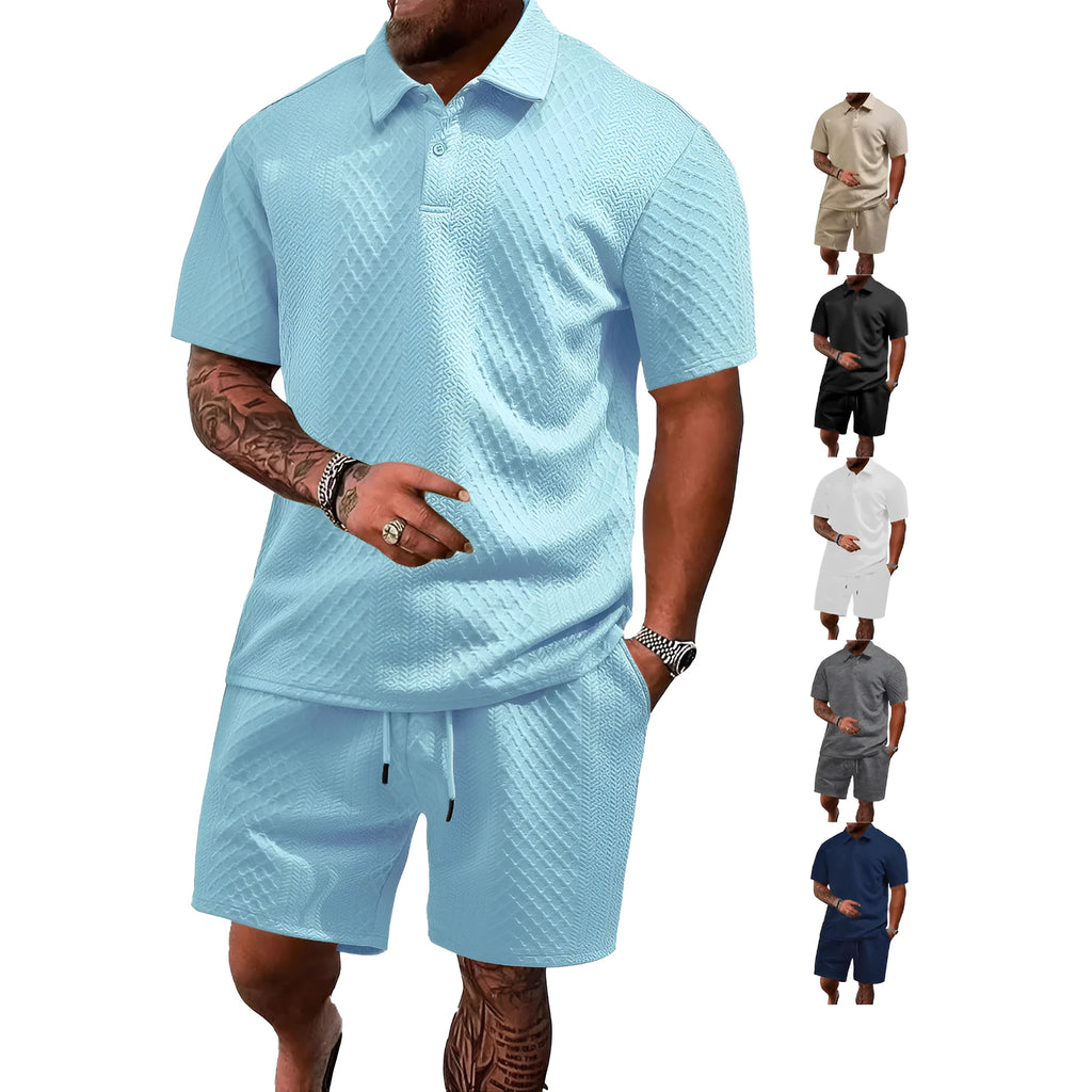 Men's patterned cloth casual short sleeve suit with matching trousers in multiple colour options
