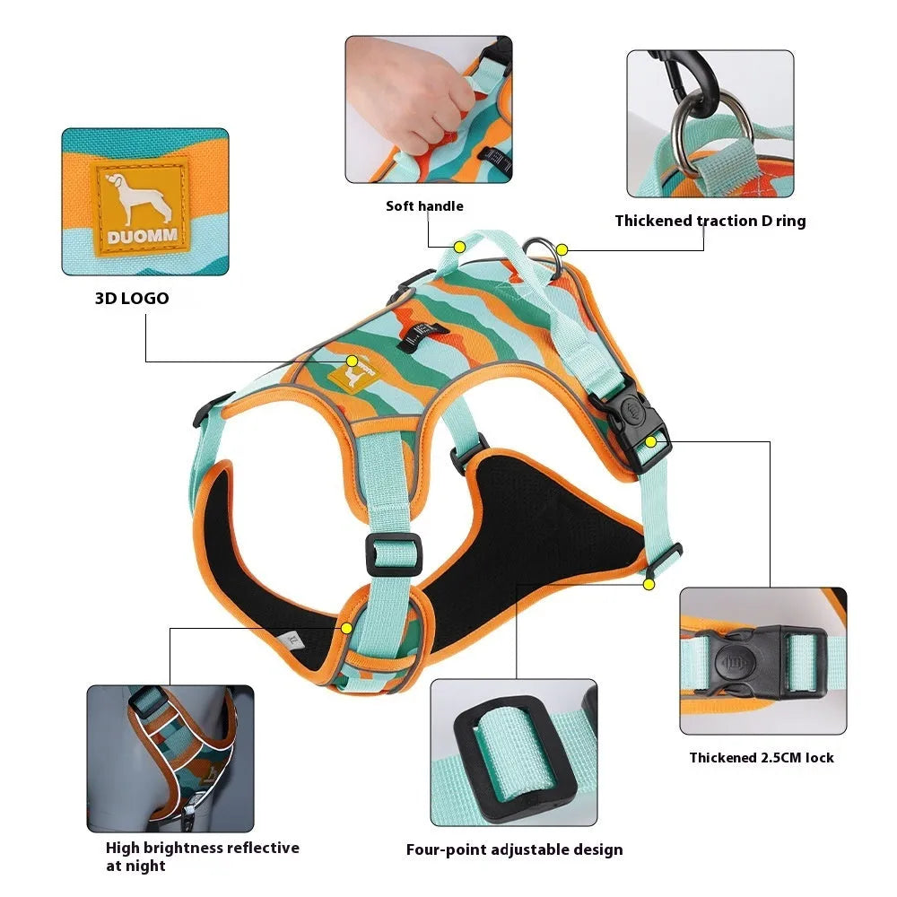 Adjustable dog harness with reflective strips on Oxford cloth, available in orange, army green, grey, and chocolate colours.