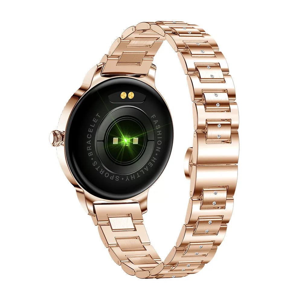 AK38 ladies smart watch with stainless steel band showing 1.09-inch display showing time and notifications