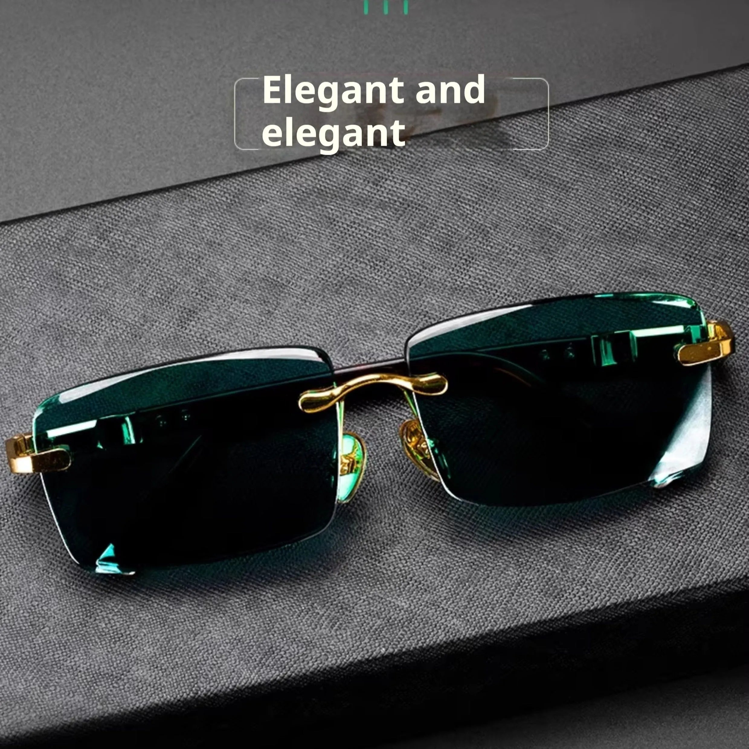 Dark green frameless crystal glasses with protective case and lens cloth for sunshade protection