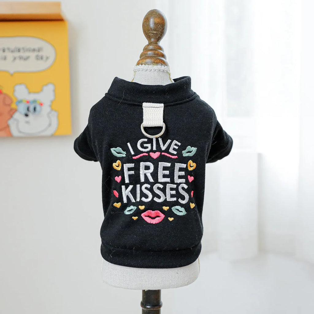 Casual kiss pattern pet sweater for dogs and cats shown in a universal fit design.