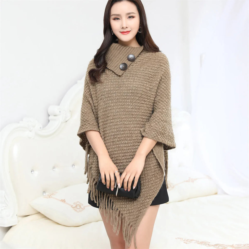 Dotted pattern sleeveless knit shawl cloak in apricot colour, free size European fashion outerwear