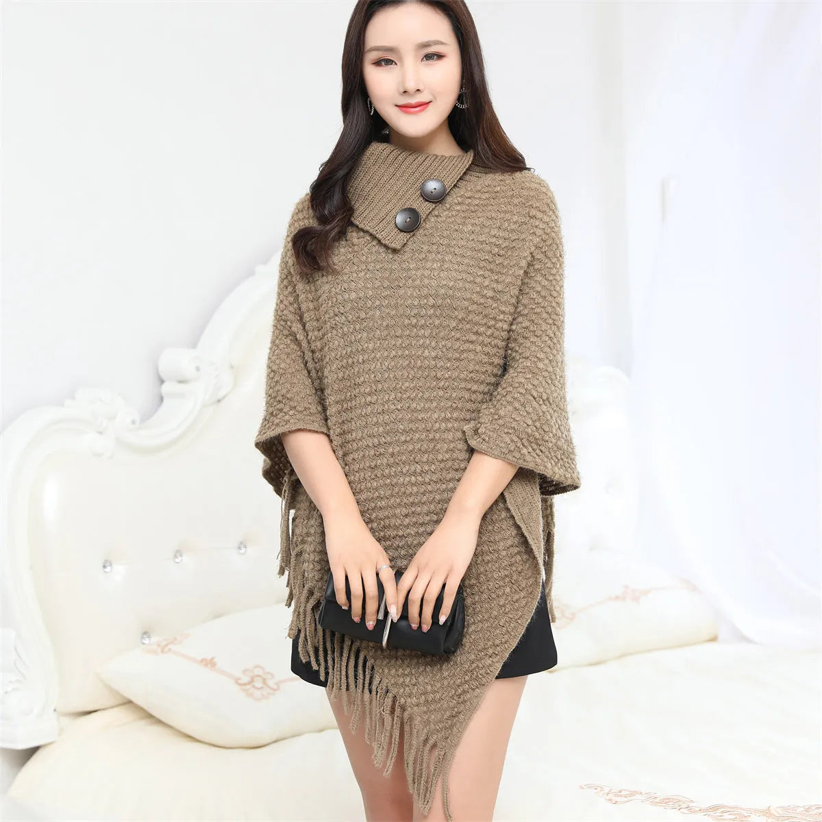 Dotted pattern sleeveless knit shawl cloak in apricot colour, free size European fashion outerwear