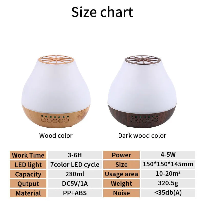 Wood grain USB aroma diffuser with colourful LED lights and essential oil bottle