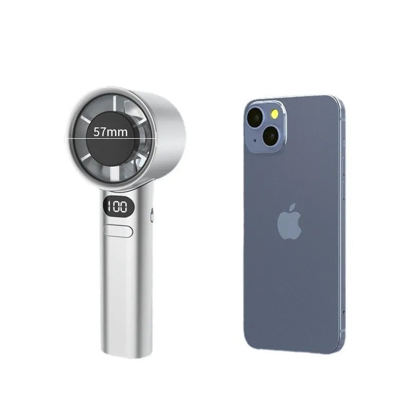 Handheld fan with 120 speed settings showing white colour option and USB charging port