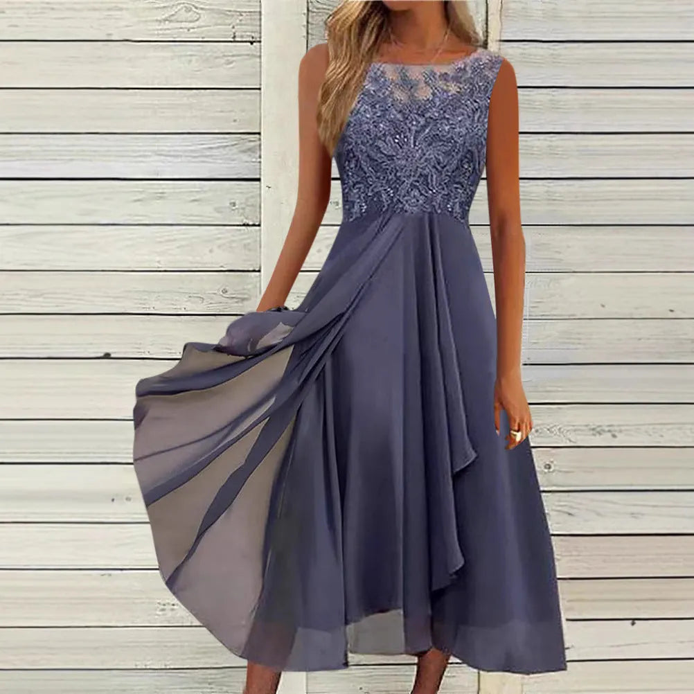 Women's sleeveless chiffon dress with hollow-out lace stitching in green, showing mid-length skirt and princess style silhouette