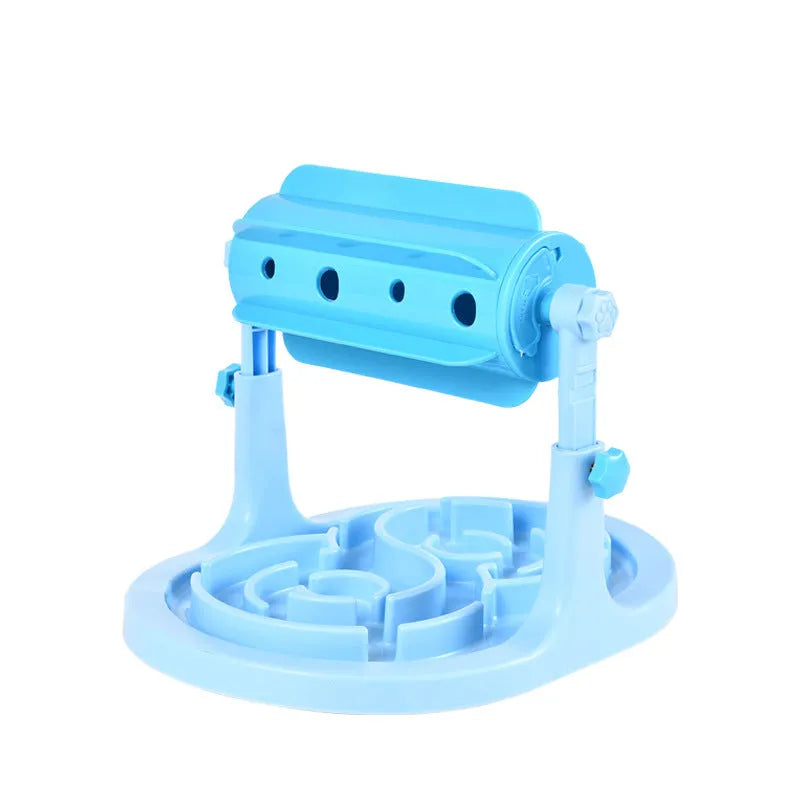 Blue interactive dog and cat food puzzle toy slow feeder bowl with adjustable height mechanism