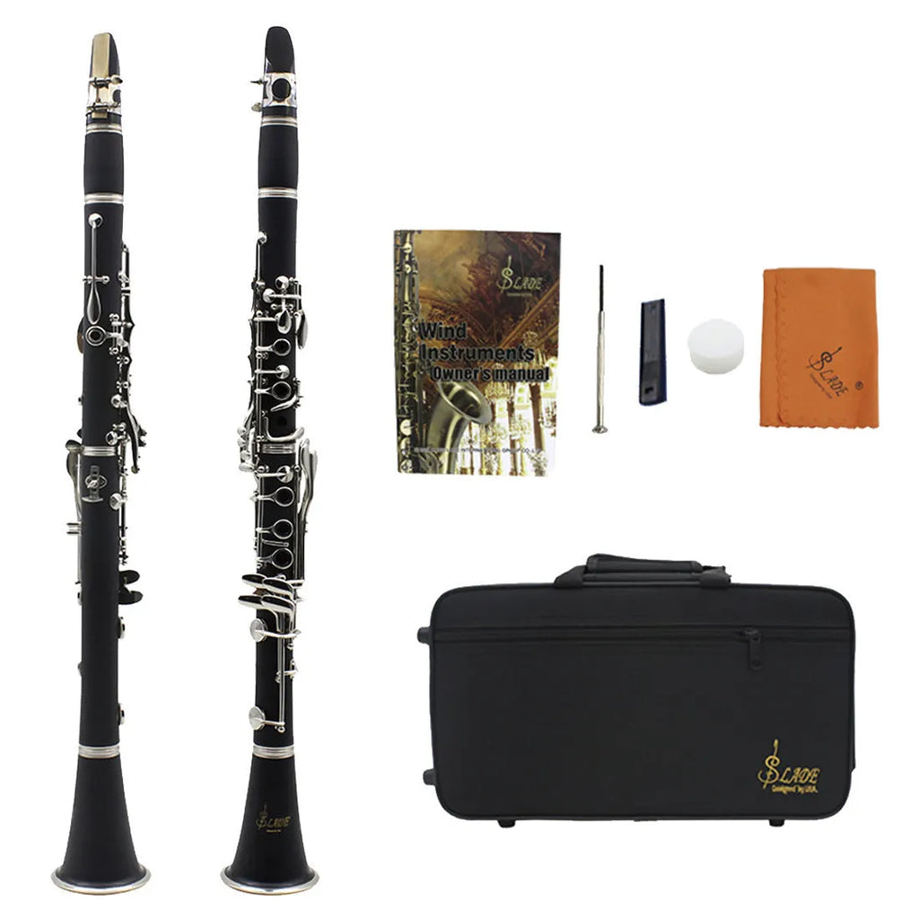Black Bakelite clarinet with 17 nickel-plated keys, 67cm long, for beginner music practice