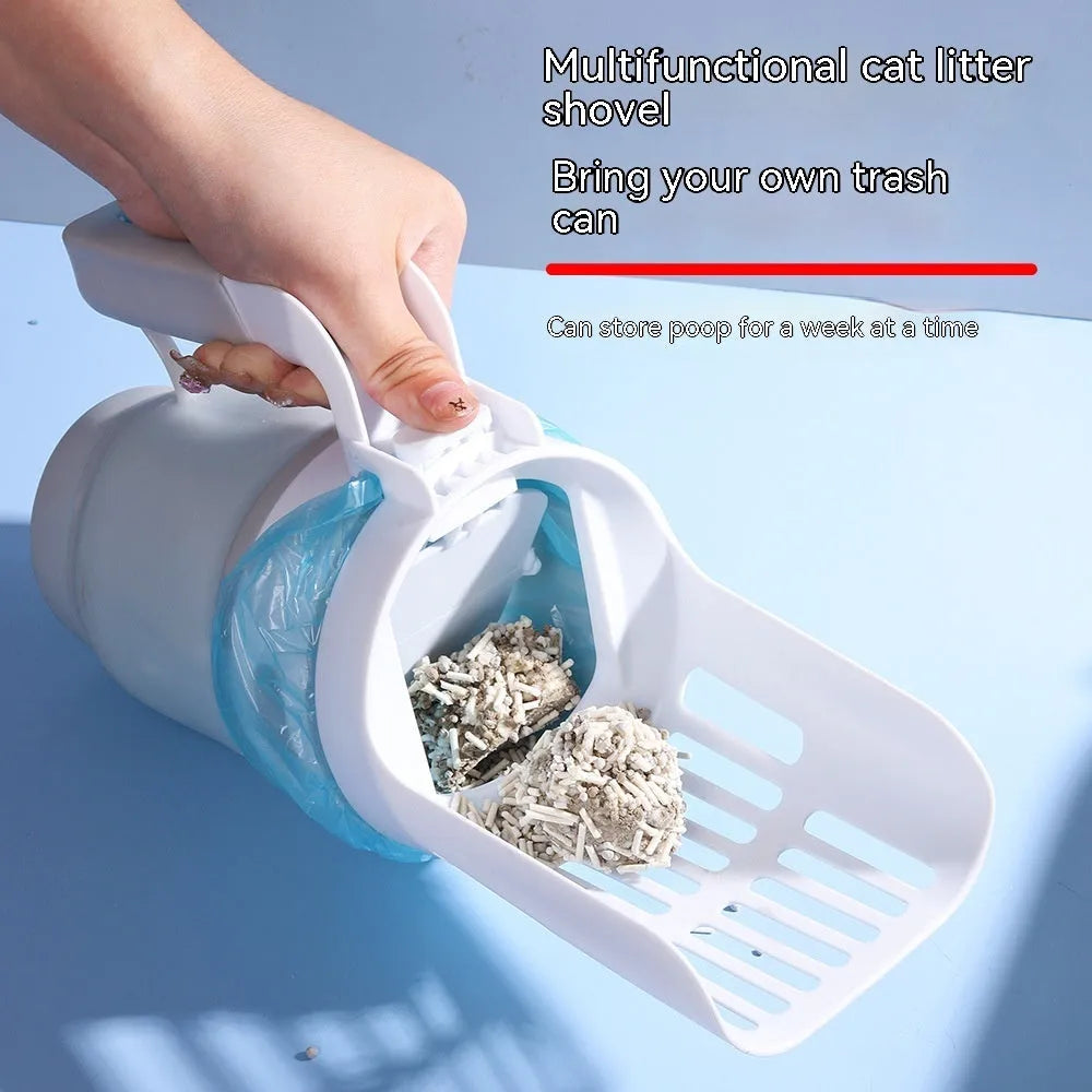 Grey foldable cat litter scooper and waste bin system with a handle and sheltered lid.