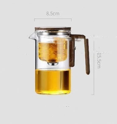 Glass teapot with wooden handle showing magnetic tea separation system and Chinese style design