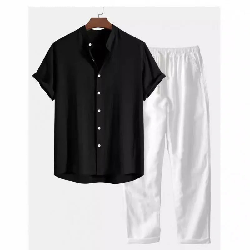Men's loose fit linen blend shirt and trousers set in various colours, showing short sleeves and casual style