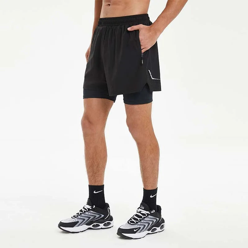 Men's black double-layer sports shorts with elastic waistband for running and fitness training.