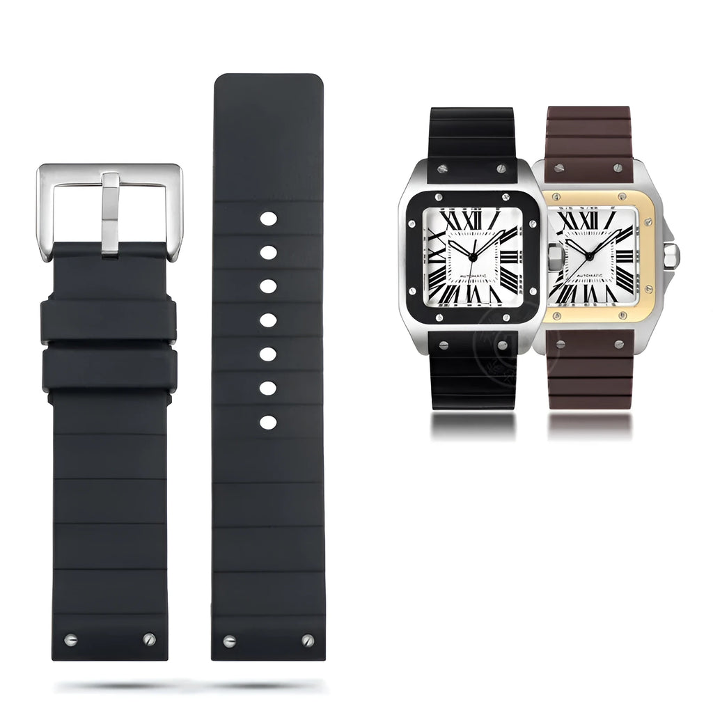 Black silicone watch strap for Cartier Santos with stainless steel needle buckle, 20mm or 23mm interface