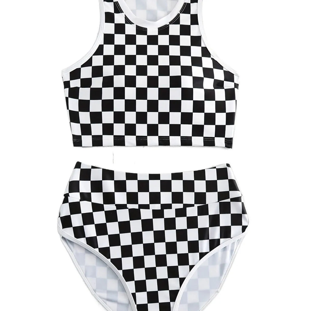 Women's check pattern racing swimsuit with backless suspender design in polyester fabric