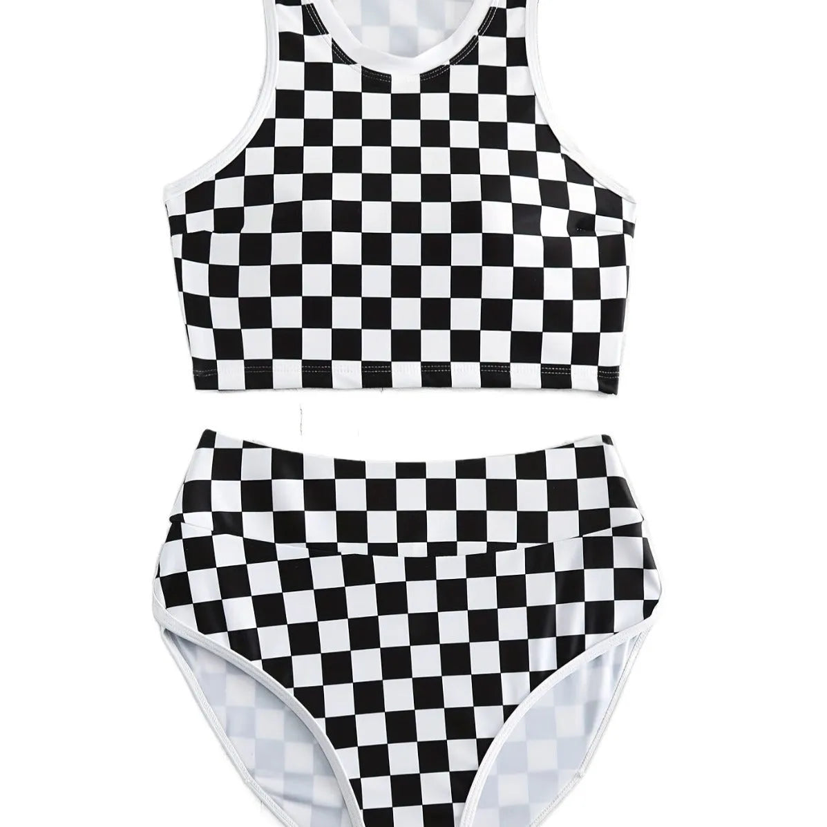 Women's check pattern racing swimsuit with backless suspender design in polyester fabric