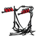 Black and red trunk-mounted car bike holder rack with 73x50cm dimensions showing tie rope fastening system