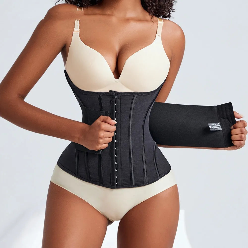 Adjustable nylon belly band for waist training in black or apricot colour with tie closure
