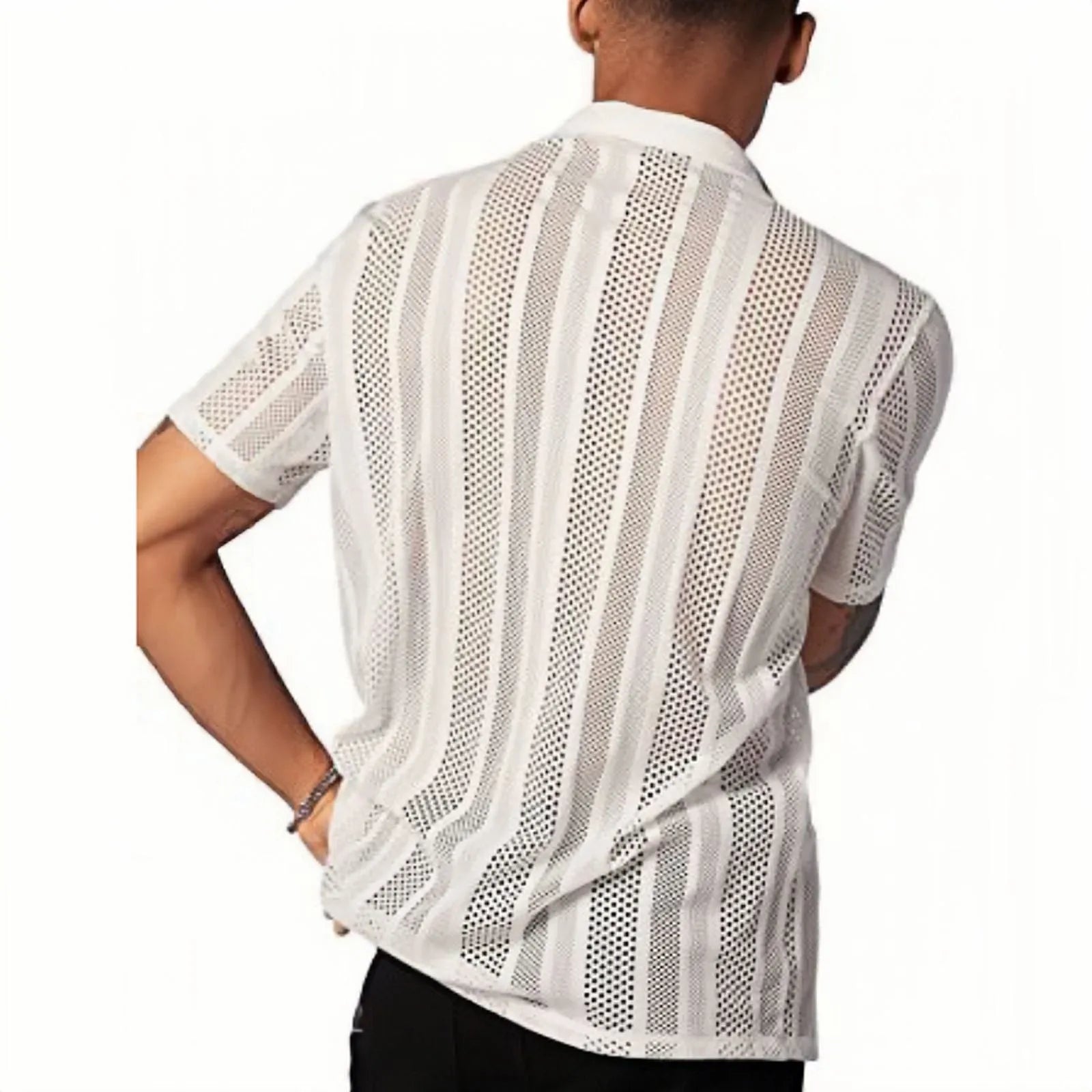 Men's black knitted short-sleeved shirt with button front and jacquard texture