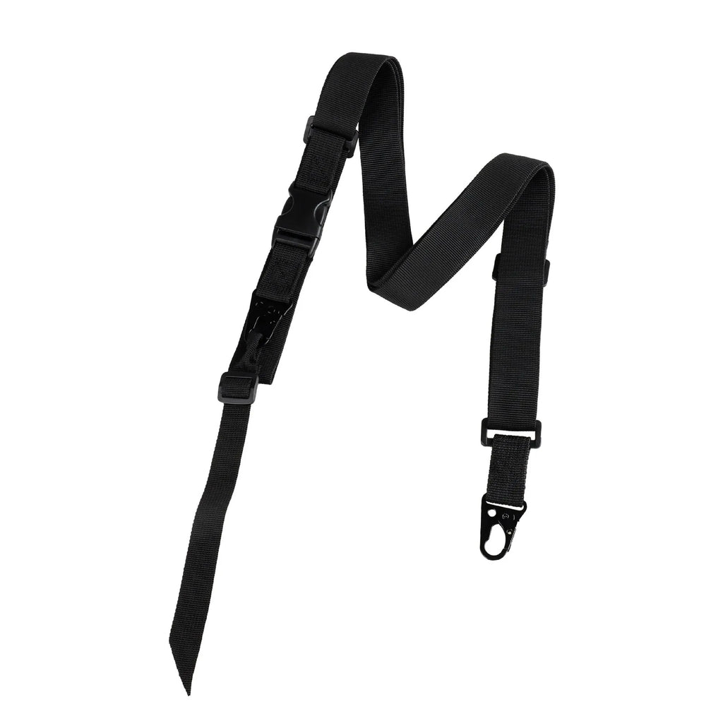 Adjustable crossbody nylon sling strap with alloy buckle in black, army green, or khaki colour.