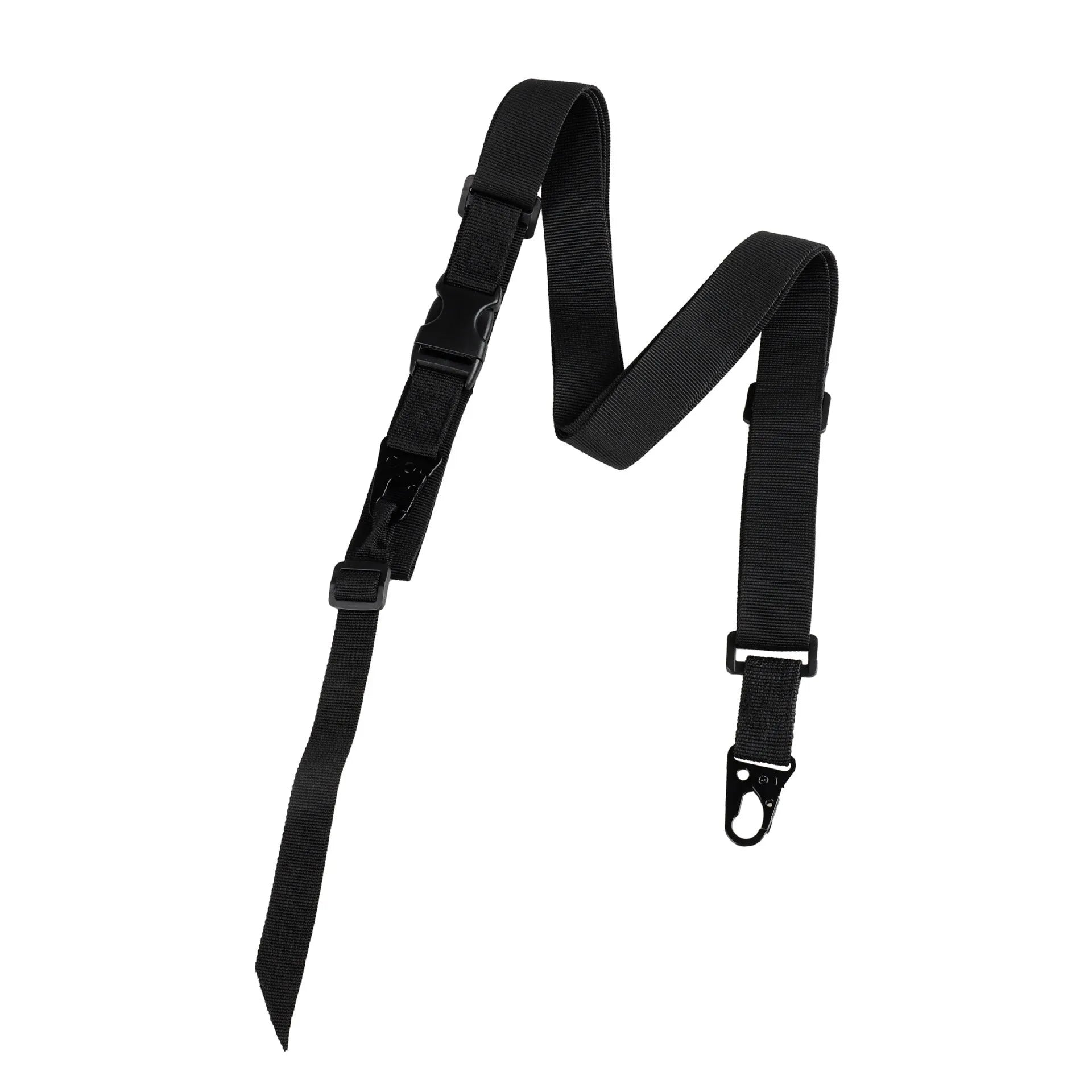 Adjustable crossbody nylon sling strap with alloy buckle in black, army green, or khaki colour.