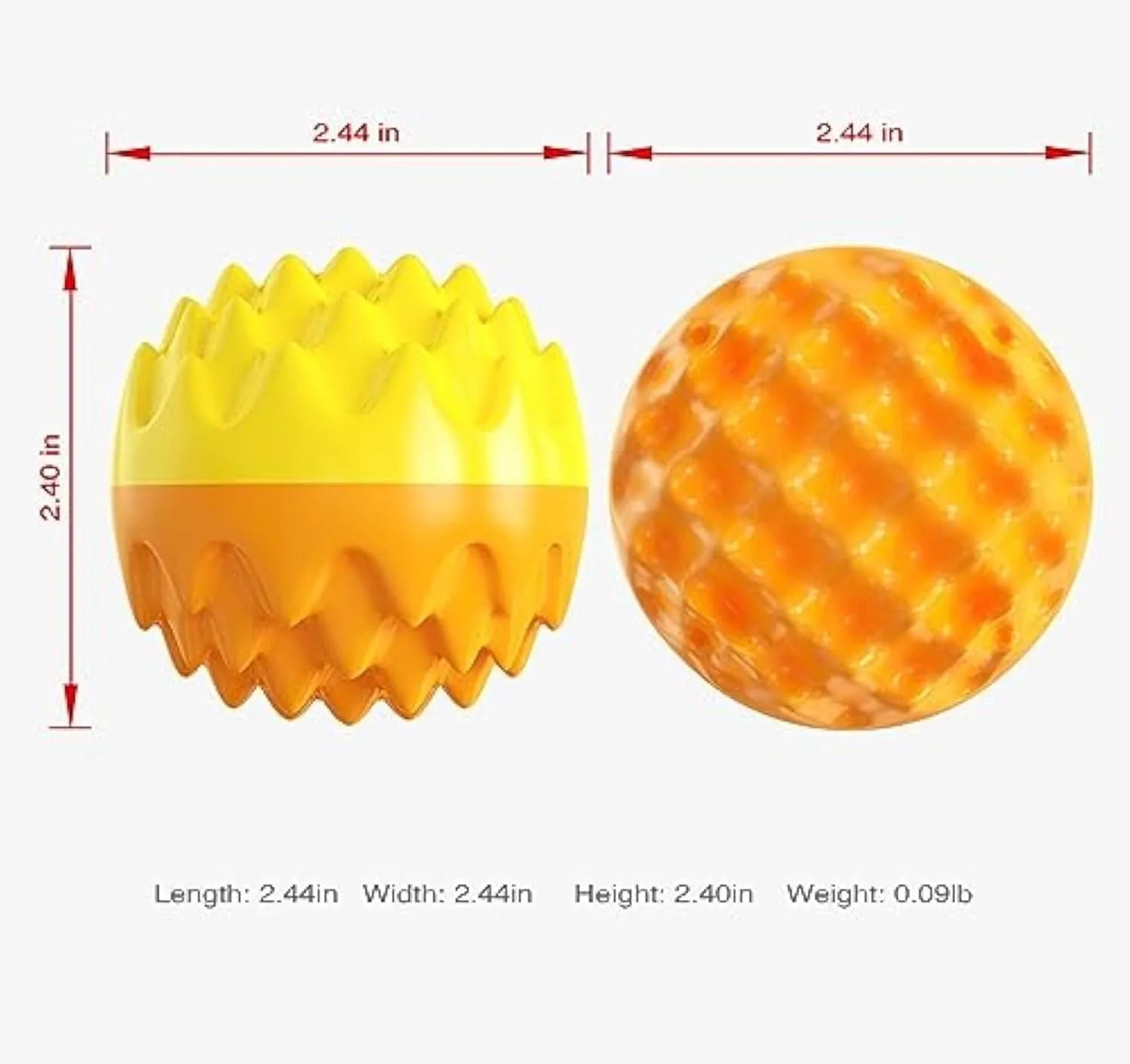 Blue and orange squeaky dog ball toy with spiky texture for dental cleaning, floats on water
