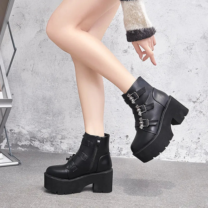 Black Harajuku punk Gothic style short boots with bat buckle detail and side zipper