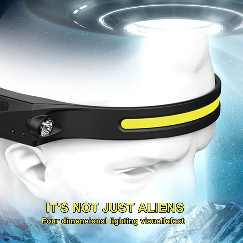Black silicone USB rechargeable headlamp with a wide LED beam and side wave sensor for outdoor use.