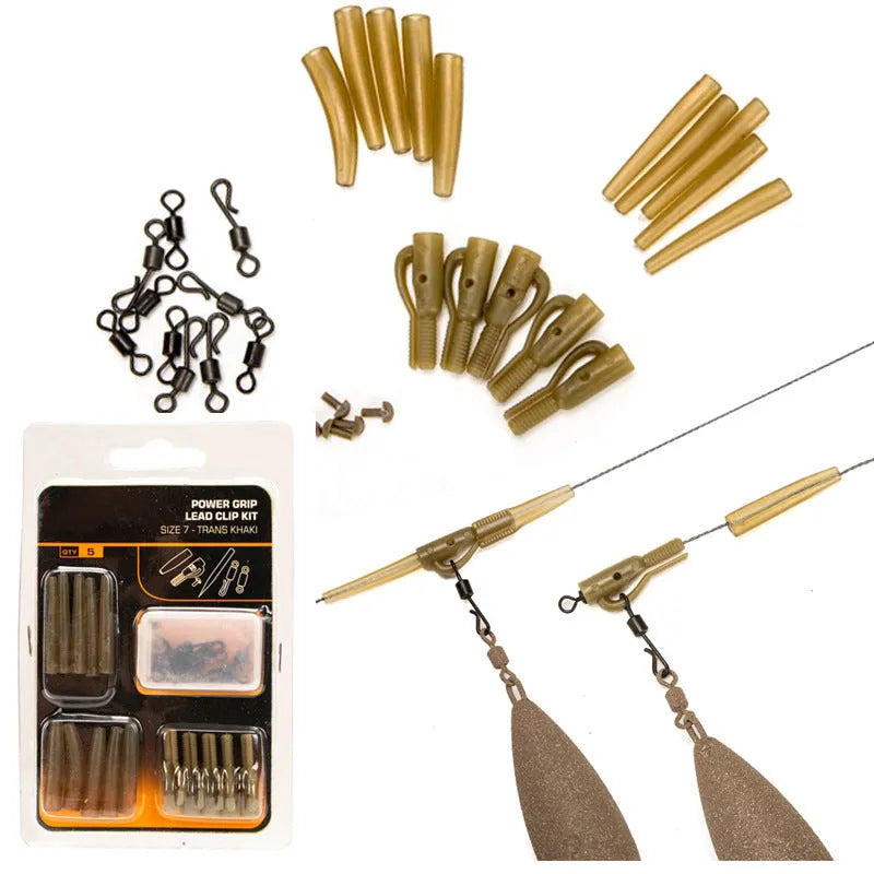 30 piece carp fishing accessory set showing anti-winding pipes, threaded hoses, rotations, and screws for rig building