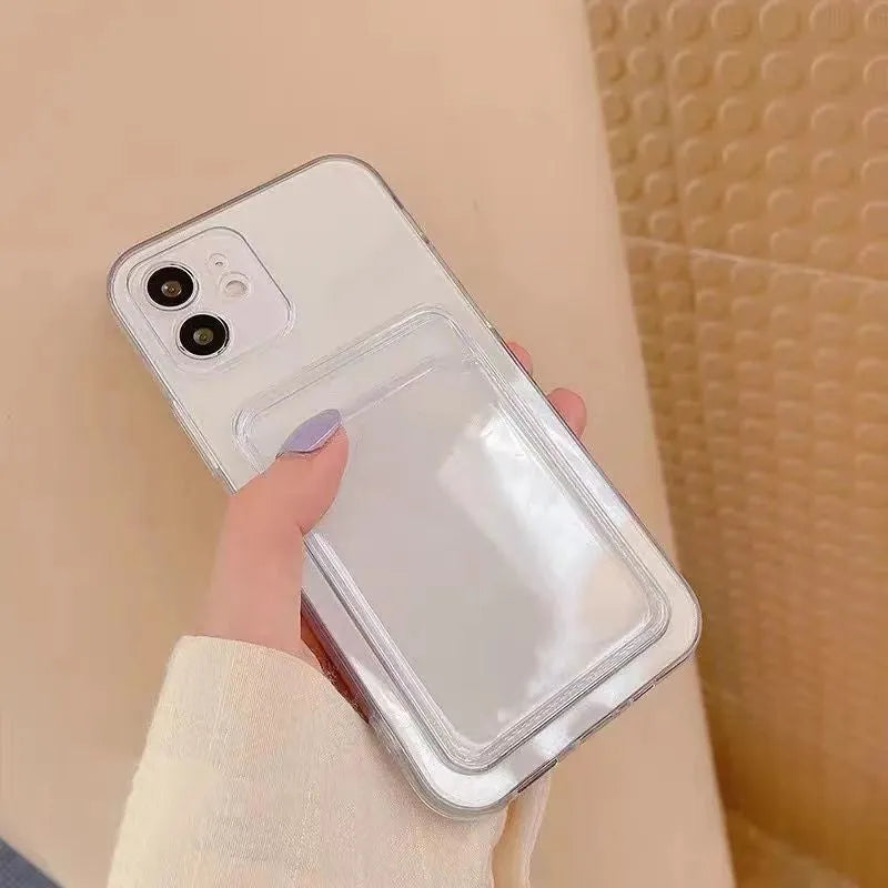 Clear transparent iPhone case with a card slot on the back, shown on an iPhone.
