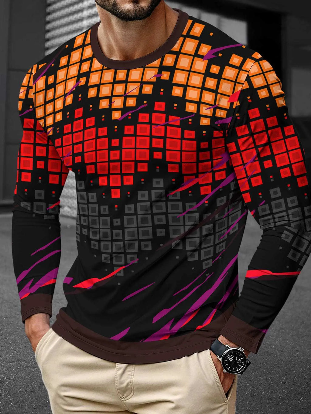 Man wearing a simple long sleeve milk silk pullover in a casual colour.
