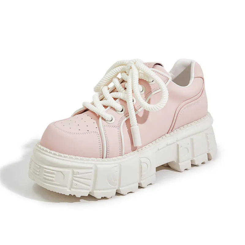 Beige muffin bottom leather shoes with 3cm rubber foam sole on a neutral background