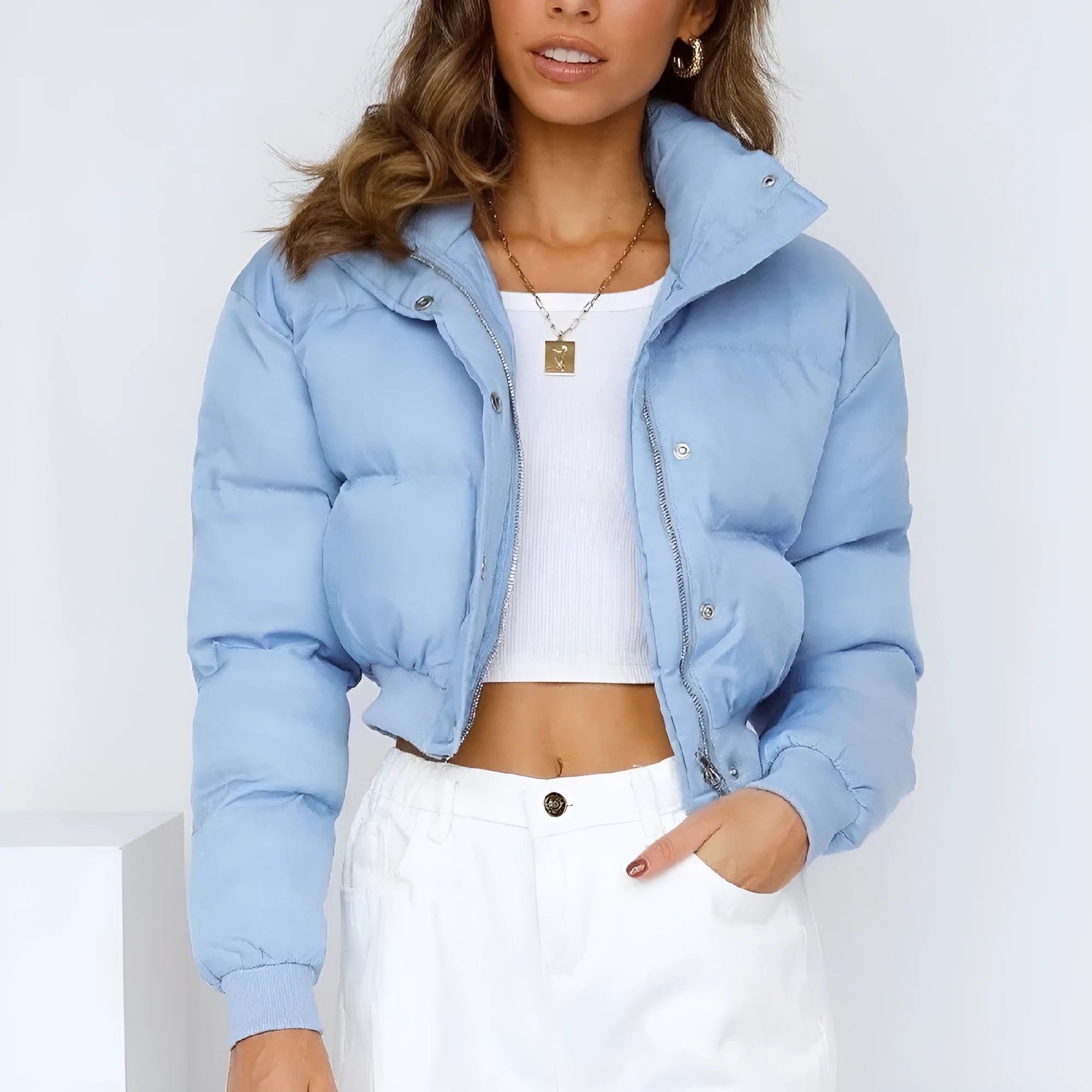Blue loose-fit polyester jacket for women with long sleeves, shown alongside grey, black, and beige colour options.