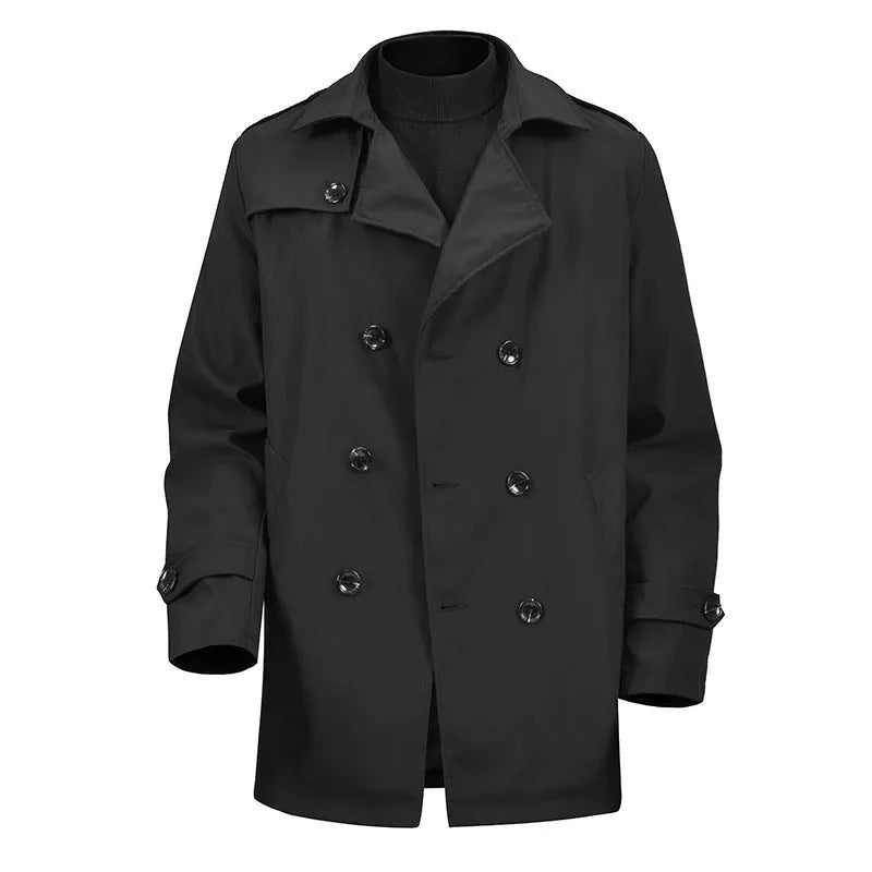 Men's khaki mid-length casual double-breasted jacket, loose fit, 50cm length, polyester